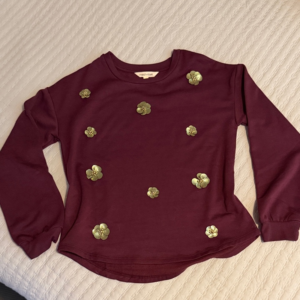 Embellished w/ Gold Metallic Flowers Plum Sweatshirt - NWT Small by mesh+love ❤️ - Picture 5 of 9